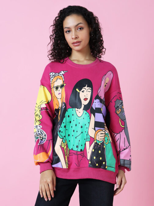 Women's Pink Printed Oversized Cotton Sweatshirt - Image 2