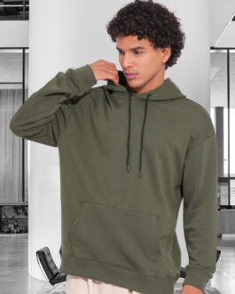 Solid Men Drop Shoulder Premium Terry Hoodie ? Olive Green Oversized Fit