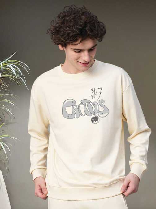 Cactus Men Drop Shoulder Premium Terry Sweatshirt ? Minimal Desert Street Look