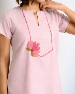 White Cotton Pajama Set with Hand-Embroidered Pink Lotus, Zen Inspired Sleepwear