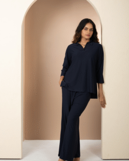 Deep Navy Blue Stretch Knit Lounge Set, Minimalist Hosiery Sleepwear