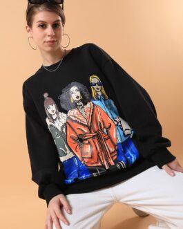 Women's Black Graphic Printed Casual Cotton Sweatshirt