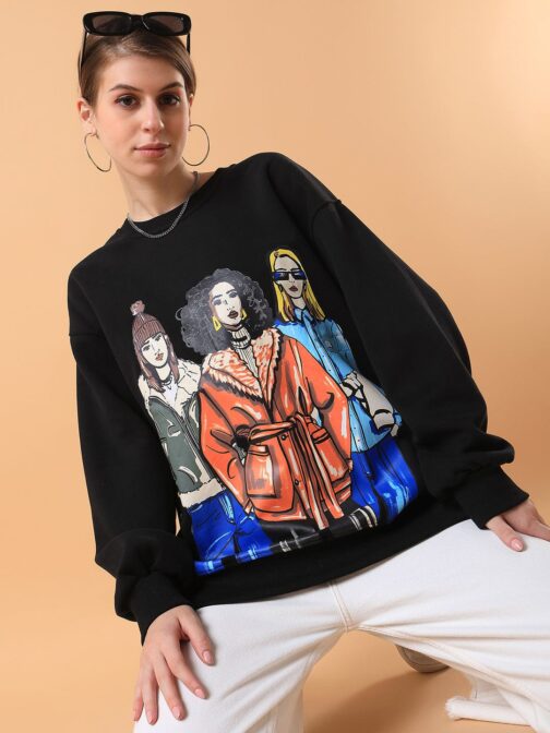 Women's Black Graphic Printed Casual Cotton Sweatshirt