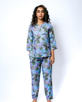 Blue Floral Print Cotton Pajama Set for Women, Soft Sleepwear
