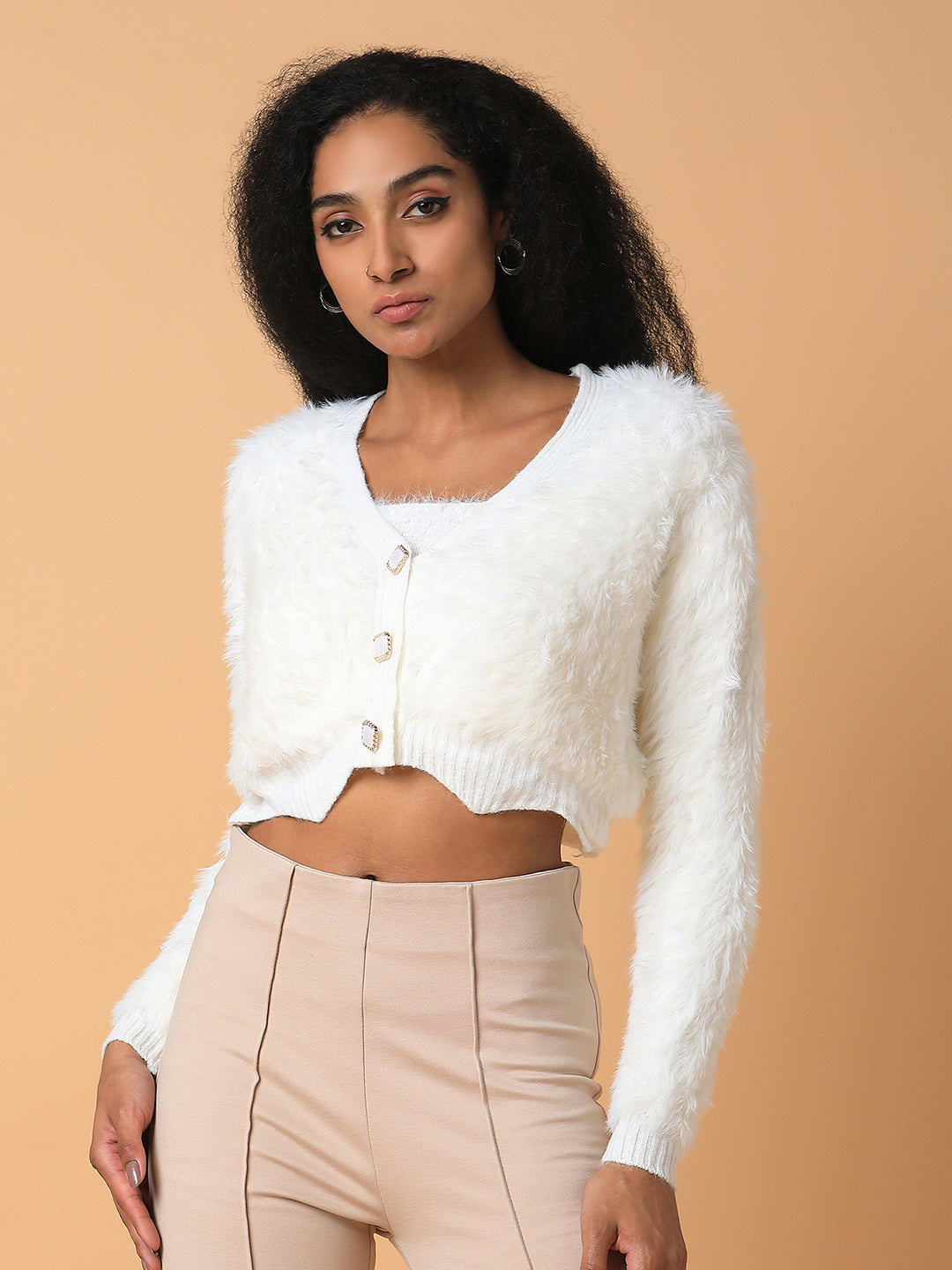 Women's Solid Cream Cropped Knit Cardigan with Inner Slip - Image 2