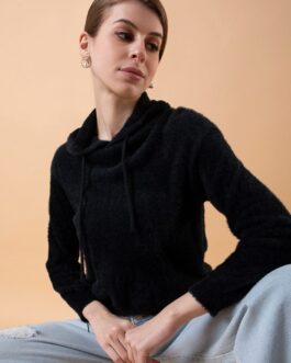 Women's Black Solid Cotton Hoodie for Women