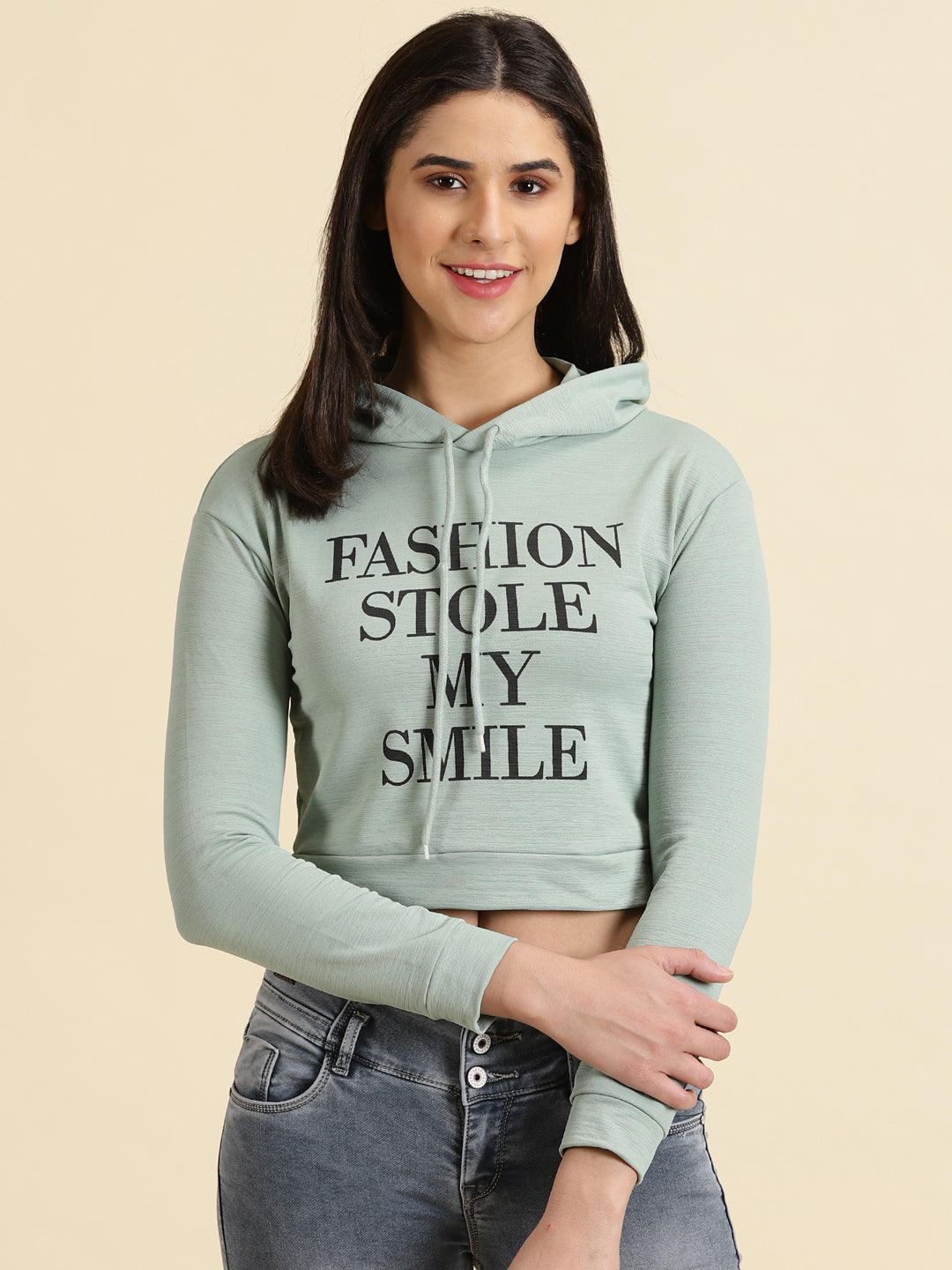 Women's Sea Green Typography Printed Hooded Neck Cotton Sweatshirt for Women - Image 2
