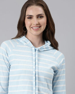 Women's Turquoise Blue Striped Hooded Crop Sweatshirt