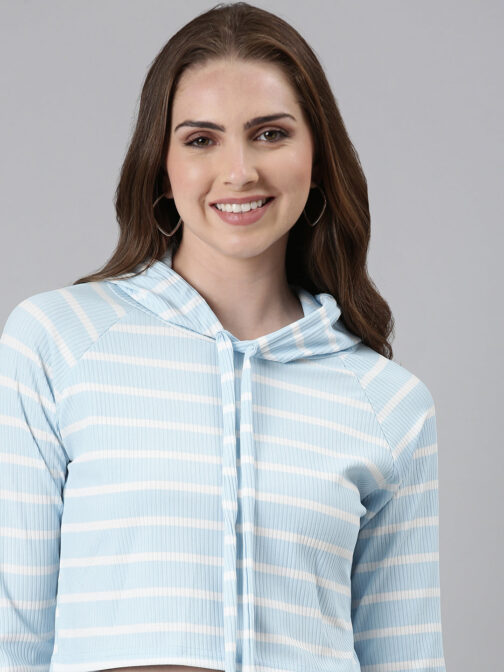 Women's Turquoise Blue Striped Hooded Crop Sweatshirt