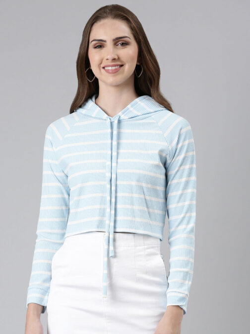 Women's Turquoise Blue Striped Hooded Crop Sweatshirt - Image 2