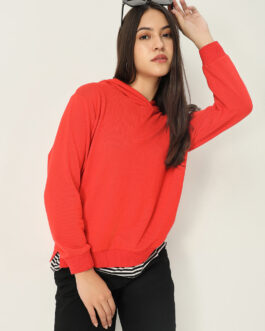 Women's Red Striped Hooded Pullover Cotton Sweatshirt