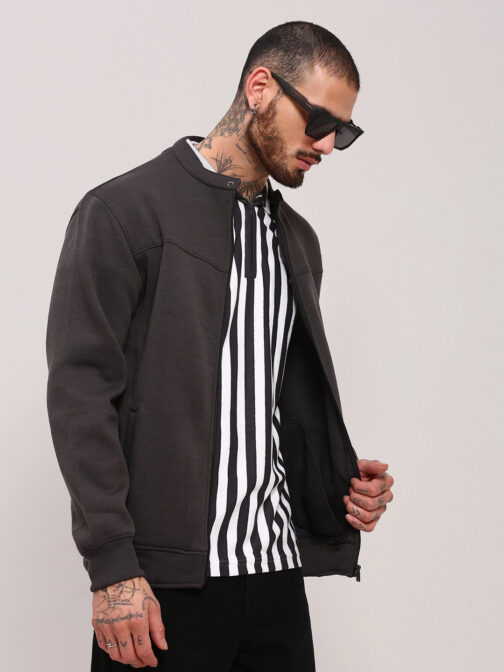 men?s grey mandarin collar solid sweatshirt stylish winter casual outfit