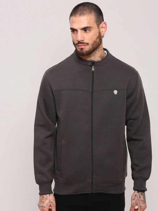 men?s grey mandarin collar solid sweatshirt stylish winter casual outfit - Image 2