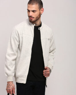 men?s off white mandarin collar front open sweatshirt elegant winter casual wear