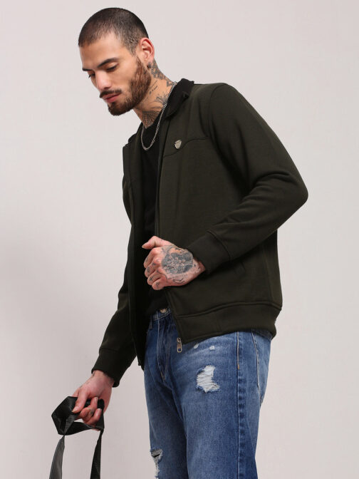 men?s green mock collar cotton sweatshirt elegant casual winter style