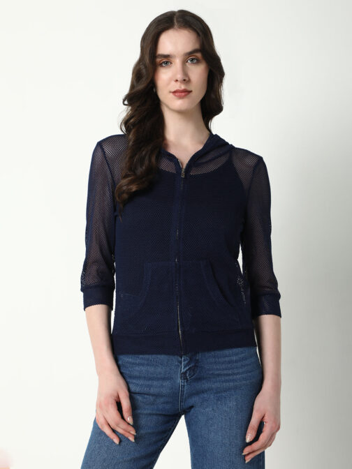 Women's Navy Blue Self Design Fleece Hoodie - Image 2