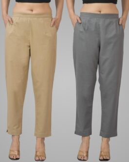 Pack Of 2 Womens Half Elastic Beige And Grey Deep Pocket Cotton Pants