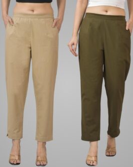 Pack Of 2 Womens Half Elastic Beige And Mehndi Green Deep Pocket Cotton Pants