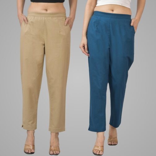 Pack Of 2 Womens Half Elastic Beige And Teal Blue Deep Pocket Cotton Pants