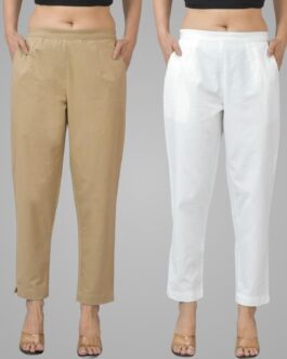 Pack Of 2 Womens Half Elastic Beige And White Deep Pocket Cotton Pants