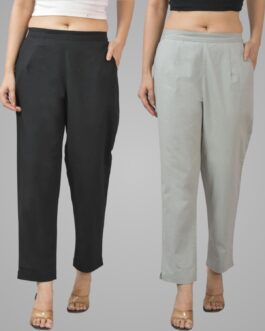 Pack Of 2 Womens Half Elastic Black And Light Grey Deep Pocket Cotton Pants
