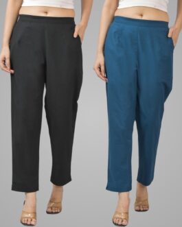 Pack Of 2 Womens Half Elastic Black And Teal Blue Deep Pocket Cotton Pants