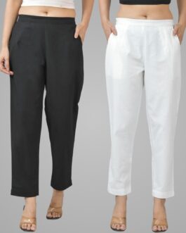 Pack Of 2 Womens Half Elastic Black And White Deep Pocket Cotton Pants