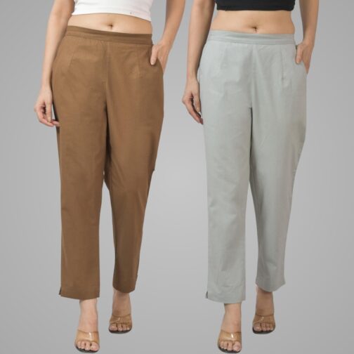 Pack Of 2 Womens Half Elastic Brown And Light Grey Deep Pocket Cotton Pants