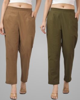 Pack Of 2 Womens Half Elastic Brown And Mehndi Green Deep Pocket Cotton Pants