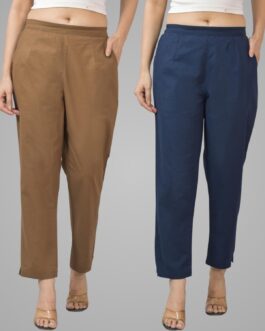 Pack Of 2 Womens Half Elastic Brown And Navy Blue Deep Pocket Cotton Pants