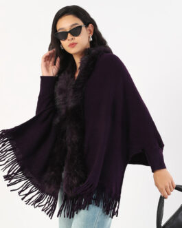 Women's V-Neck Solid Purple Longline Knitted Poncho