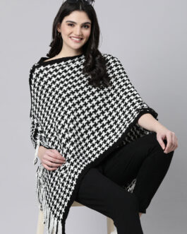 Women's Geometric White Longline Knitted Poncho