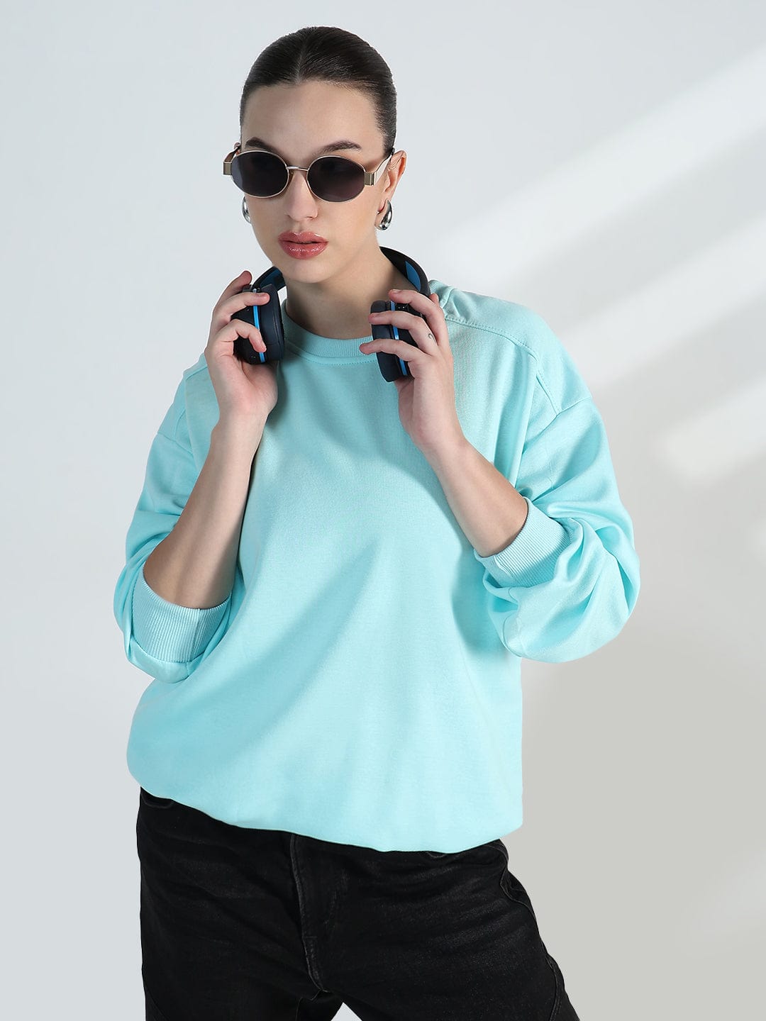 Women's Blue Round Neck Oversized Cotton Sweatshirt