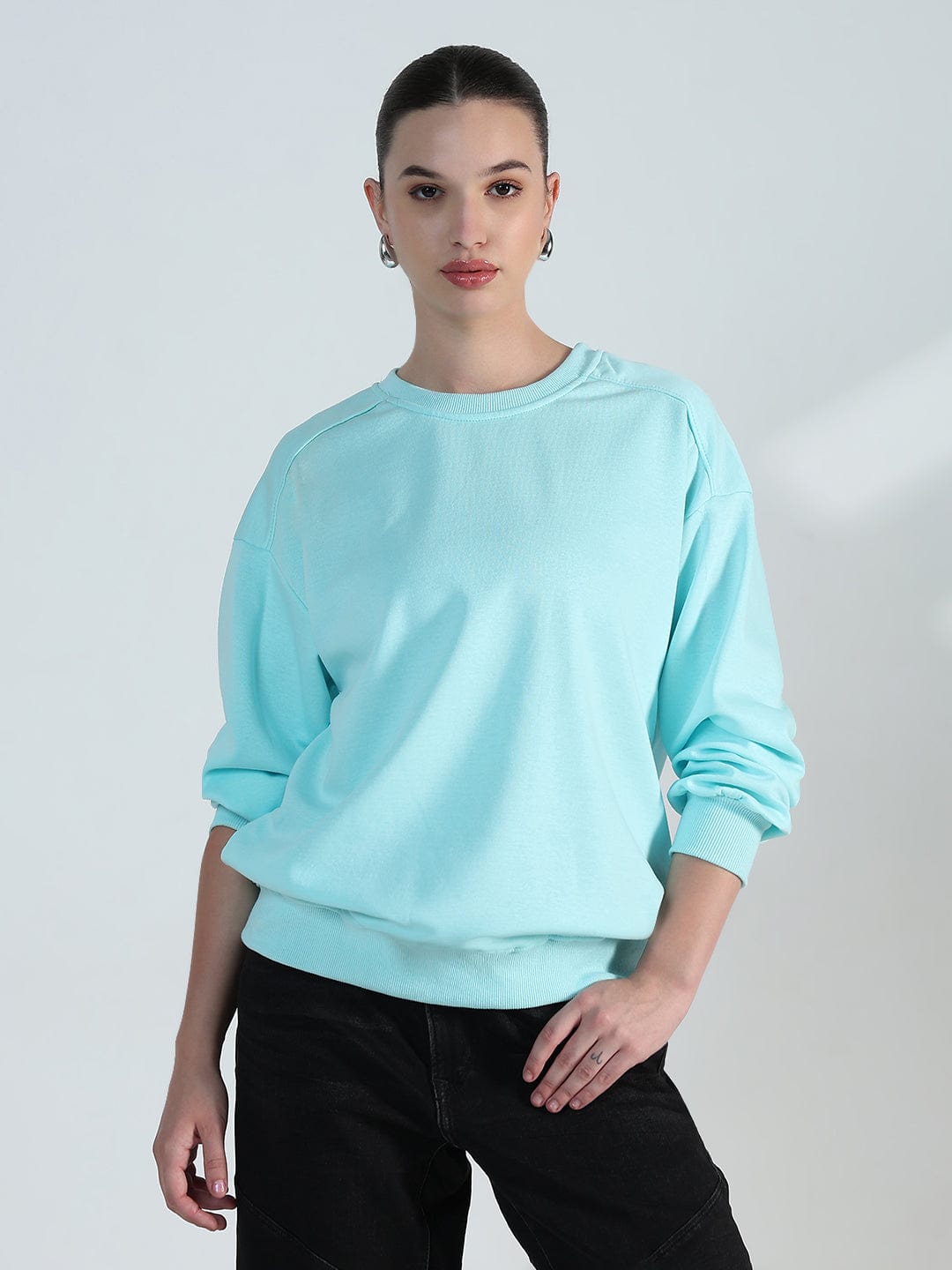 Women's Blue Round Neck Oversized Cotton Sweatshirt - Image 2