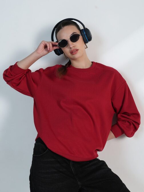 Women's Red Round Neck Oversized Fleece Sweatshirt