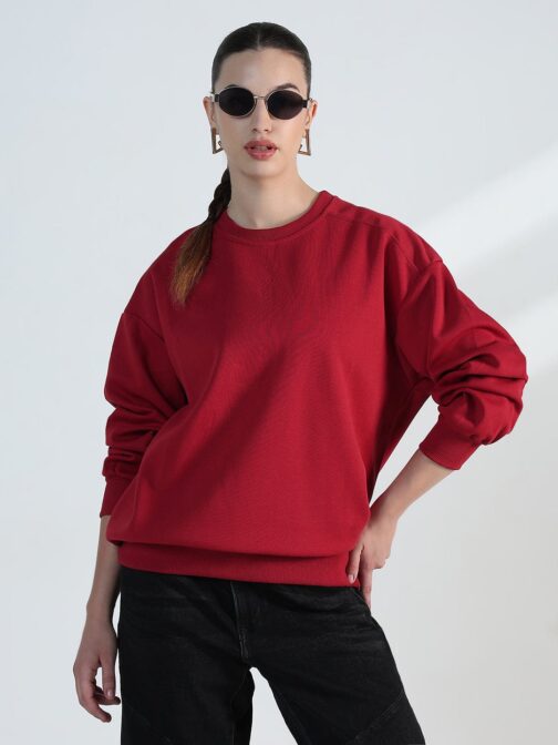 Women's Red Round Neck Oversized Fleece Sweatshirt - Image 2