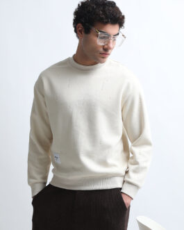 men?s cream ribbed sweatshirt with torned texture trendy winter casual wear