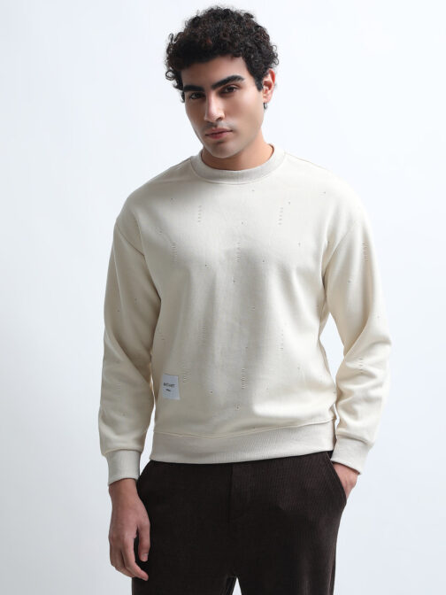 men?s cream ribbed sweatshirt with torned texture trendy winter casual wear - Image 2