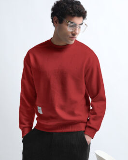 men?s maroon ribbed round neck sweatshirt with torned design casual winter fashion