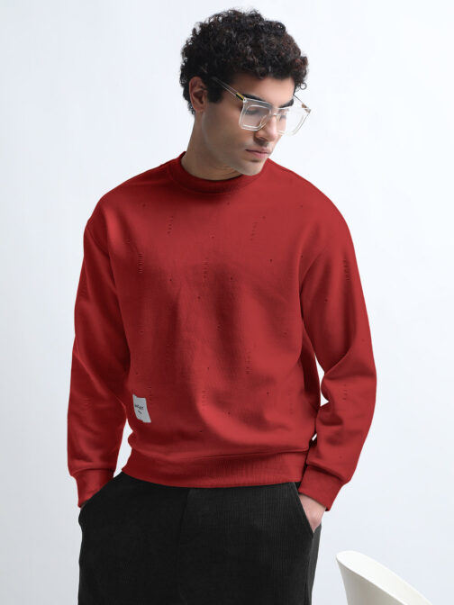men?s maroon ribbed round neck sweatshirt with torned design casual winter fashion
