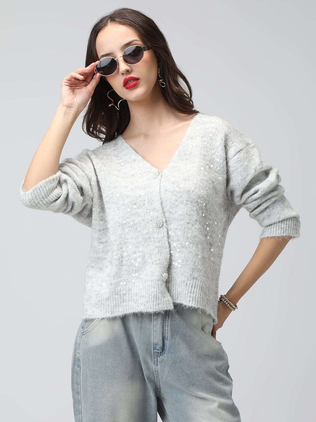 Women's Ribbed Embellished Grey V-Neck Knitted Cardigan - Image 2