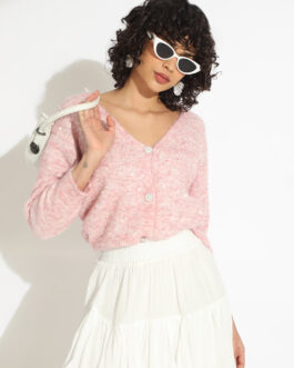 Women's Knitted Pink V-Neck Embellished Pullover Sweater
