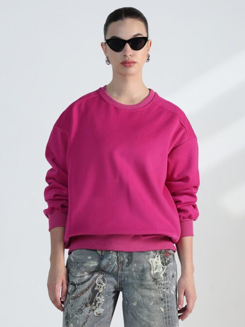 Women's Pink Round Neck Oversized Cotton Sweatshirt - Image 2