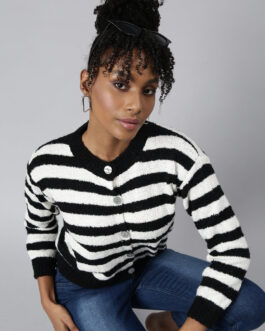 Women's Off White Striped Round Neck Knitted Cardigan