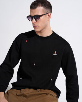 men?s black graphic print ribbed round neck regular fit sweatshirt stylish streetwear