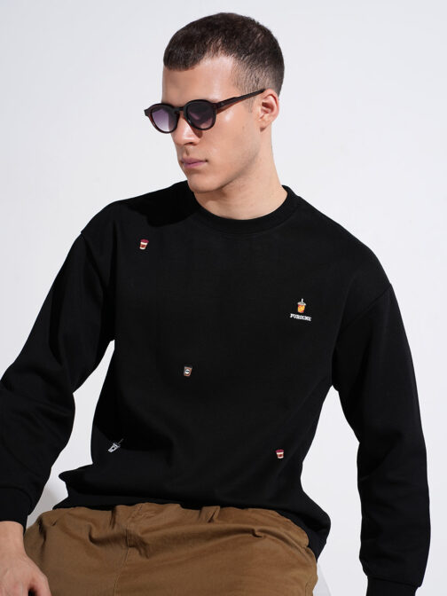 men?s black graphic print ribbed round neck regular fit sweatshirt stylish streetwear