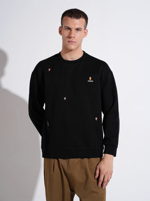 men?s black graphic print ribbed round neck regular fit sweatshirt stylish streetwear - Image 2