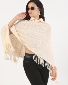 Women's Turtle Neck Solid Cream Knitted Poncho