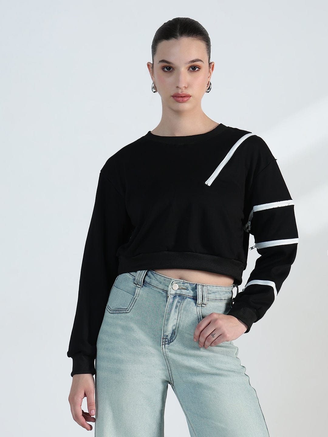 Women's Black Oversized Short Top with White Zipper Detail - Image 2