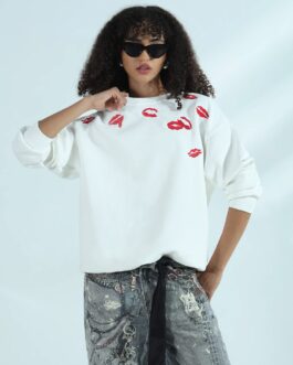 Women's White Oversized Round Neck Sweatshirt with Kiss Print